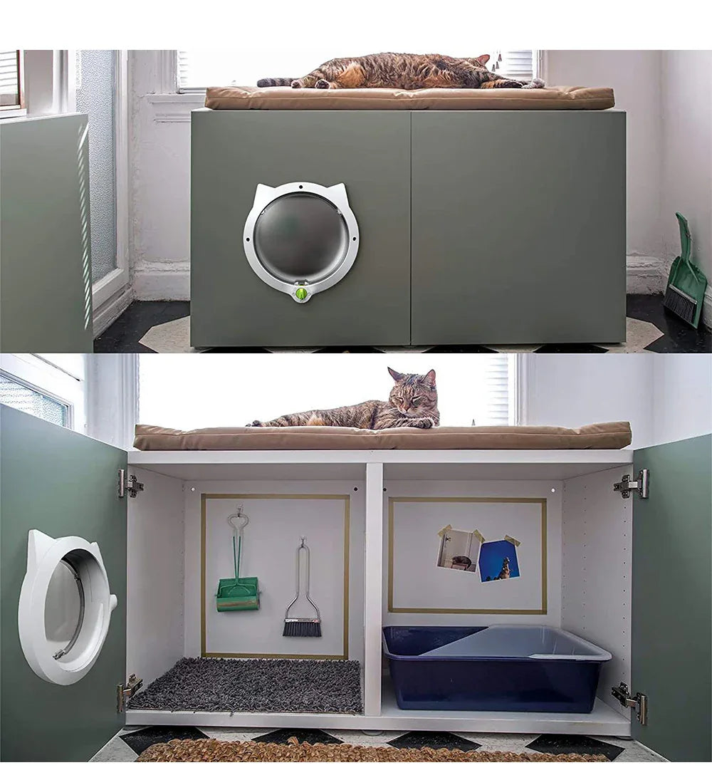 White 4-Way Locking Cat Flap Door - Pet Entry Portal for Interior Doors, Walls & Cabinets - Mekamart Australia
