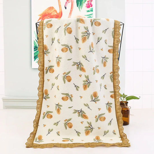 Beige Vintage Floral Lace Trim Towel Set - Ultra Soft Absorbent Coral Fleece Bath & Face Towel - Mekamart Australia
