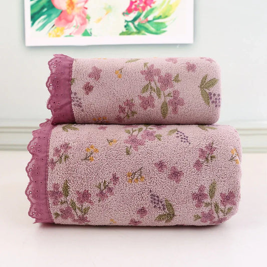 Purple Vintage Floral Lace Trim Towel Set - Ultra Soft Absorbent Coral Fleece Bath & Face Towel - Mekamart Australia