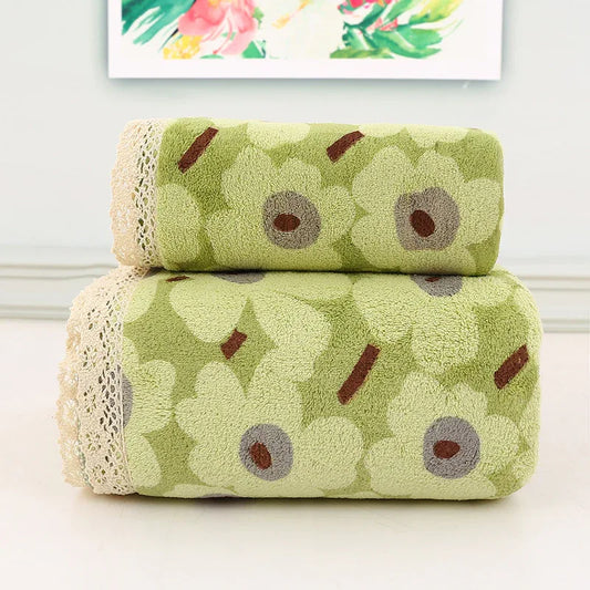 Green Vintage Floral Lace Trim Towel Set - Ultra Soft Absorbent Coral Fleece Bath & Face Towel - Mekamart Australia