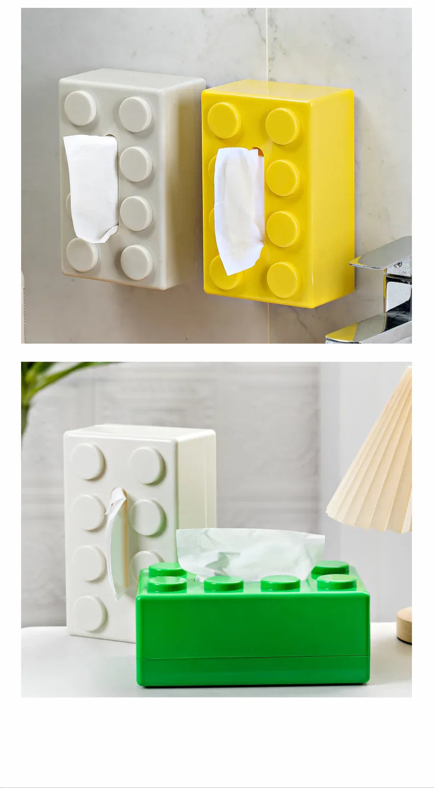 Yellow 2 Pcs Creative Building Block Tissue Box Holder - Wall-Mounted & Desktop Dispenser for Bathroom, Kids Room & Office Decor - Mekamart Australia