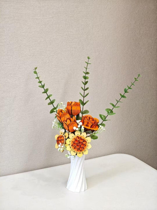 Orange DIY 3D Wooden Flower Bouquet Puzzle Set with Vase - Craft Kit for Kids and Adults - Mekamart Australia