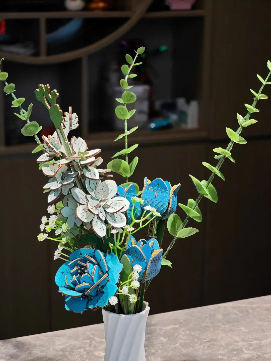 Blue DIY 3D Wooden Flower Bouquet Puzzle Set with Vase - Craft Kit for Kids and Adults - Mekamart Australia