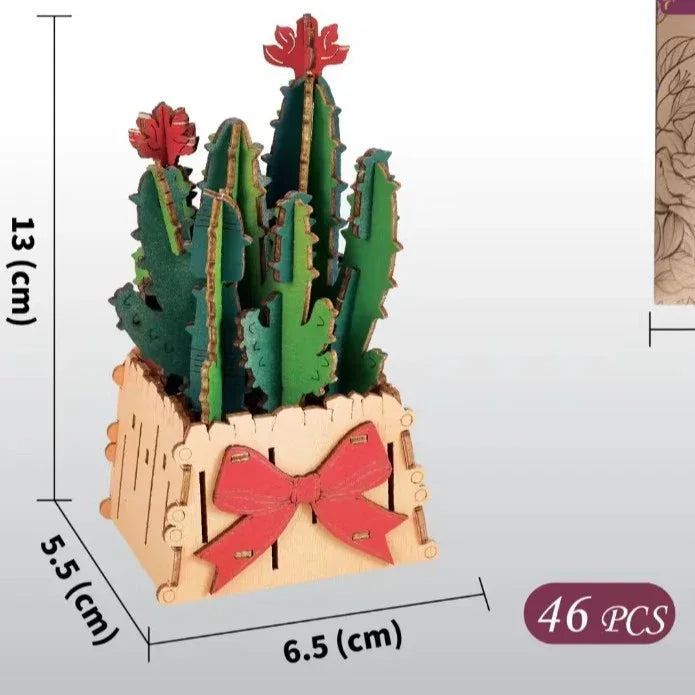Thousand Flowers DIY 3D Wooden Cactus Puzzle with Red Flowers - 46-Piece Kids' Craft Toy - Mekamart Australia