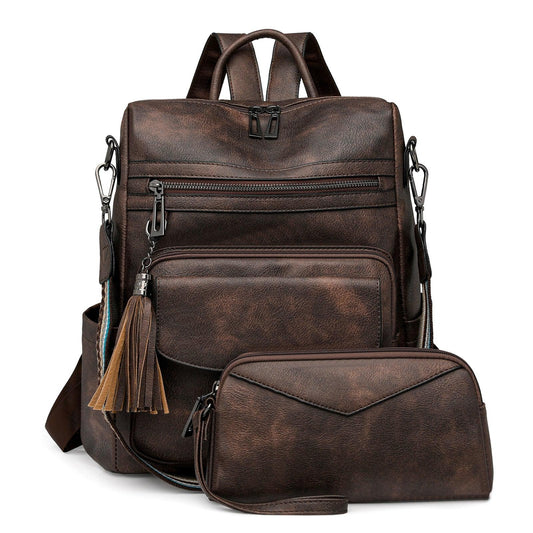 Dark-brown Women's Retro PU Leather Backpack - Dual-Color Tassel Design, Winter High-End Style - Mekamart Australia