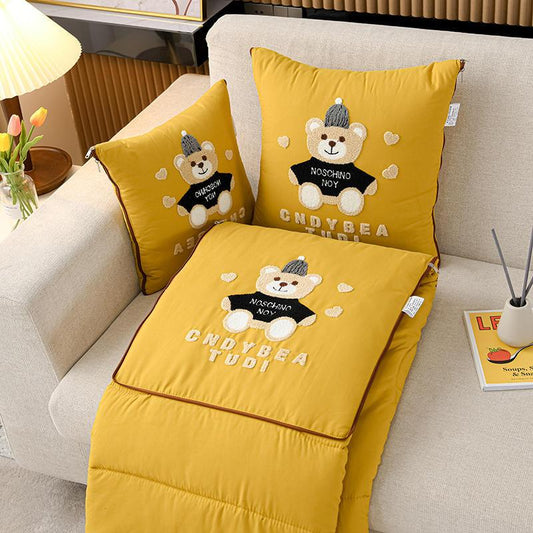 Yellow Cap Bear 2-in-1 Foldable Car Pillow Blanket - Cozy 40x40cm Pillow, Unfolds to 100x150cm Blanket for Travel and Office Naps - Mekamart Australia