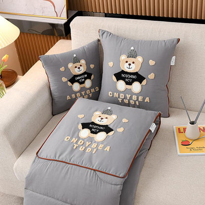 Grey Cap Bear 2-in-1 Foldable Car Pillow Blanket - Cozy 40x40cm Pillow, Unfolds to 100x150cm Blanket for Travel and Office Naps - Mekamart Australia