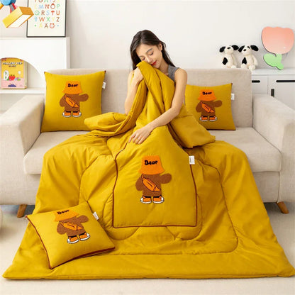 Yellow Fashion Bear 2-in-1 Foldable Car Pillow Blanket - Cozy 40x40cm Pillow, Unfolds to 100x150cm Blanket for Travel and Office Naps - Mekamart Australia
