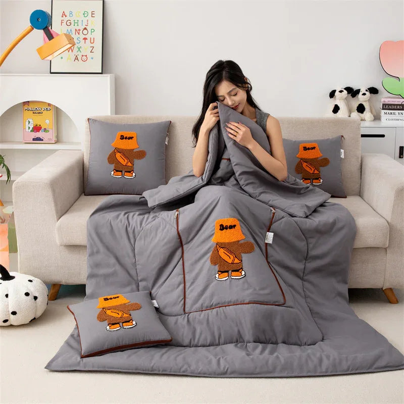 Grey Fashion Bear 2-in-1 Foldable Car Pillow Blanket - Cozy 40x40cm Pillow, Unfolds to 100x150cm Blanket for Travel and Office Naps - Mekamart Australia
