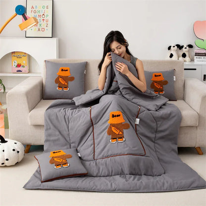 Grey Fashion Bear 2-in-1 Foldable Car Pillow Blanket - Cozy 40x40cm Pillow, Unfolds to 100x150cm Blanket for Travel and Office Naps - Mekamart Australia