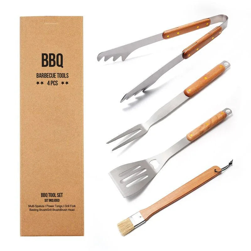 Premium 4-Piece BBQ Tool Set with Rubberwood Handles - Kraft Box - Mekamart Australia