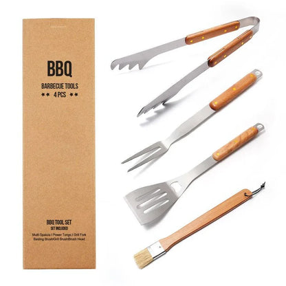 Premium 4-Piece BBQ Tool Set with Rubberwood Handles - Kraft Box - Mekamart Australia