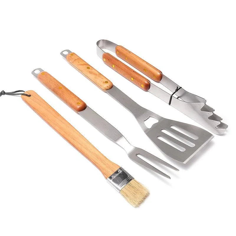 Premium 4-Piece BBQ Tool Set with Rubberwood Handles - Kraft Box - Mekamart Australia