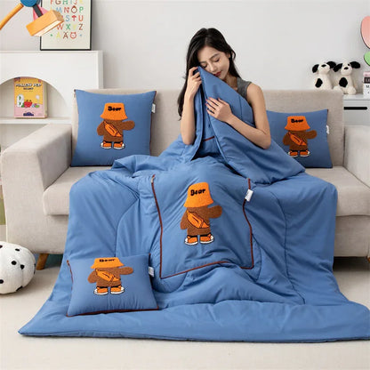 Lake Blue Fashion Bear 2-in-1 Foldable Car Pillow Blanket - Cozy 40x40cm Pillow, Unfolds to 100x150cm Blanket for Travel and Office Naps - Mekamart Australia