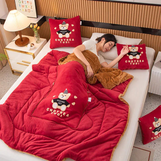 Wine Red Padded Thickened Hat Bear 2-in-1 Foldable Car Pillow Blanket - Cozy 40x40cm Pillow, Unfolds to 100x150cm Blanket for Travel and Office Naps - Mekamart Australia