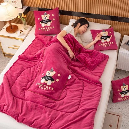 Rose Red Padded Thickened Hat Bear 2-in-1 Foldable Car Pillow Blanket - Cozy 40x40cm Pillow, Unfolds to 100x150cm Blanket for Travel and Office Naps - Mekamart Australia