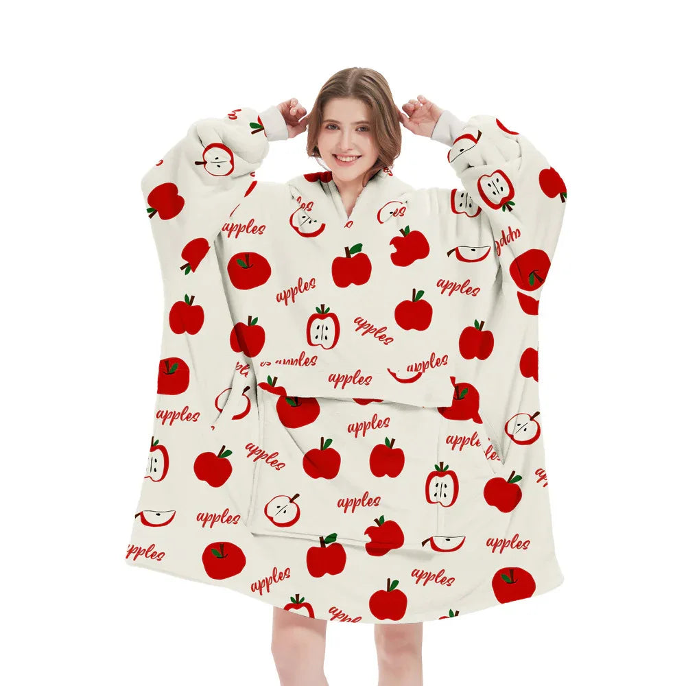 Apple Pattern Oversized Wearable Blanket Hoodie - Ultra Soft & Cozy Snuggle Pullover for Adults - Mekamart Australia