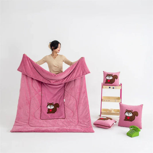 Pink Little Squirrel - 2-in-1 Foldable Car Pillow Blanket - Cozy 40x40cm Pillow, Unfolds to 100x150cm Blanket for Travel and Office Naps - Mekamart Australia