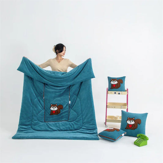 Blue Little Squirrel - 2-in-1 Foldable Car Pillow Blanket - Cozy 40x40cm Pillow, Unfolds to 100x150cm Blanket for Travel and Office Naps - Mekamart Australia