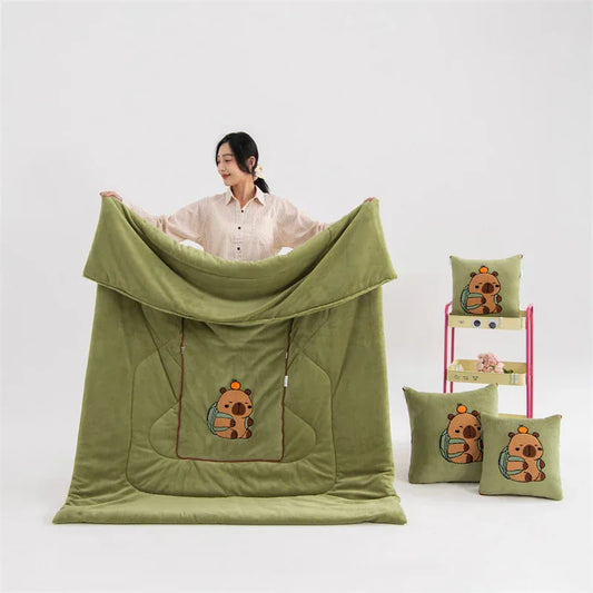 Green Kapybara - 2-in-1 Foldable Car Pillow Blanket - Cozy 40x40cm Pillow, Unfolds to 100x150cm Blanket for Travel and Office Naps - Mekamart Australia