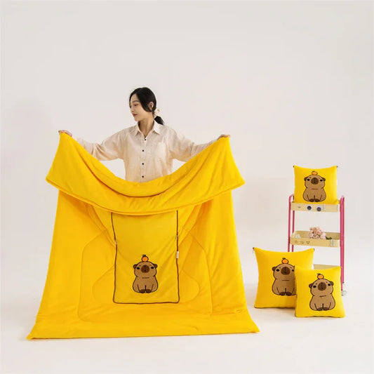 Yellow Kapybara - 2-in-1 Foldable Car Pillow Blanket - Cozy 40x40cm Pillow, Unfolds to 100x150cm Blanket for Travel and Office Naps - Mekamart Australia