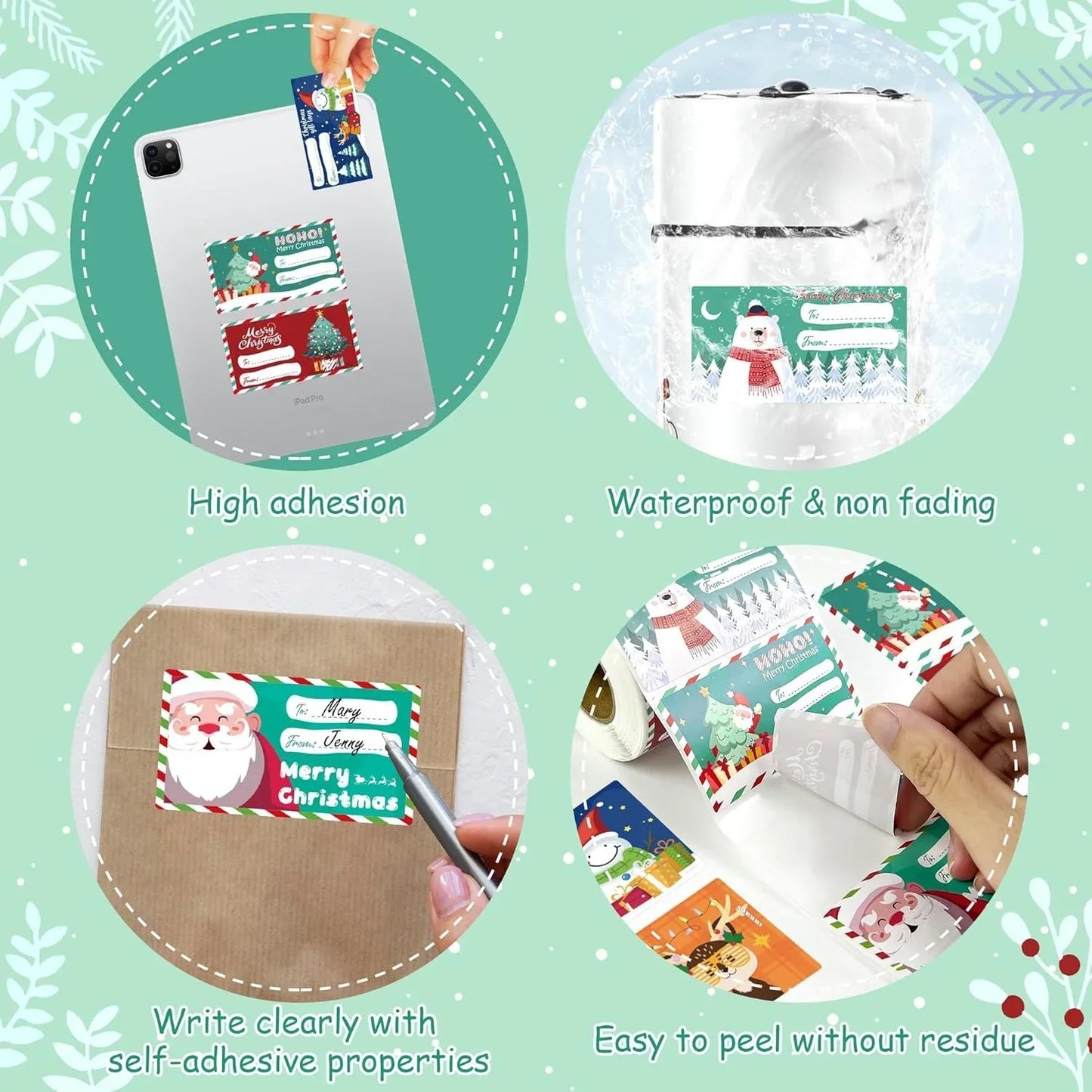 Set of 4 Christmas Gift Tag Sticker Rolls - 2000 Self-Adhesive Labels for Presents - Mekamart Australia