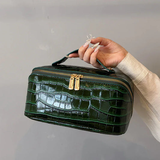 Green Chic Croc-Embossed Travel Makeup Case Large Capacity Cosmetic Organizer Bag - Mekamart Australia
