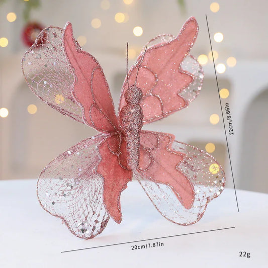 Rose Gold Large Glitter Butterfly Christmas Ornaments (Set of 2) - Clip-On Decorations for Trees & Wreaths - Mekamart Australia