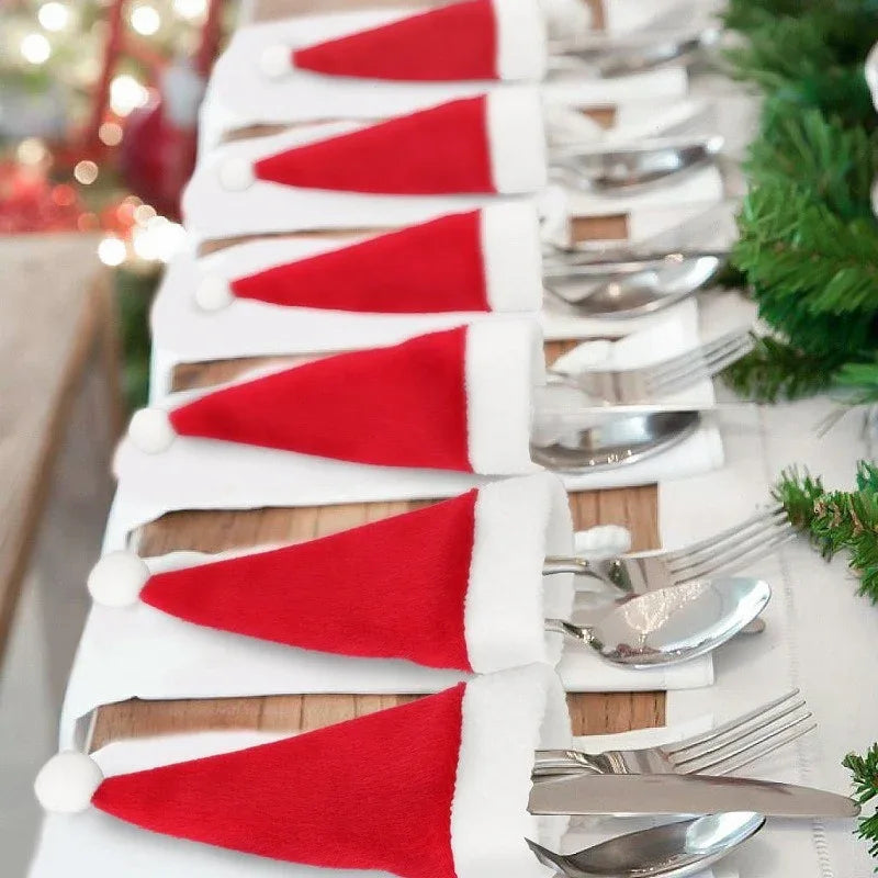 Mini Santa Hat Cutlery Holders (100-Pack) - Festive Christmas Wine Bottle Toppers & Table Decorations - Mekamart Australia
