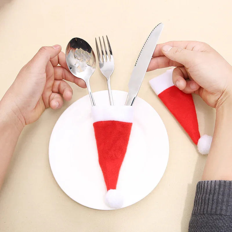 Mini Santa Hat Cutlery Holders (100-Pack) - Festive Christmas Wine Bottle Toppers & Table Decorations - Mekamart Australia