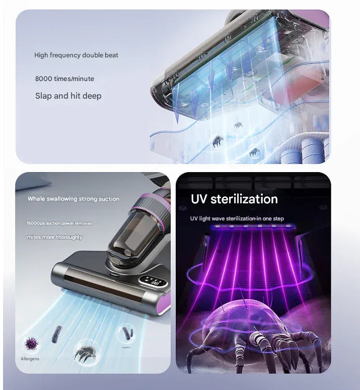 Purple Advanced Cordless UV-C Dust Mite Vacuum - Handheld Cleaner with Hot Air, Pulsating Pads & LED Display - Mekamart Australia