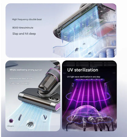 Purple Advanced Cordless UV-C Dust Mite Vacuum - Handheld Cleaner with Hot Air, Pulsating Pads & LED Display - Mekamart Australia
