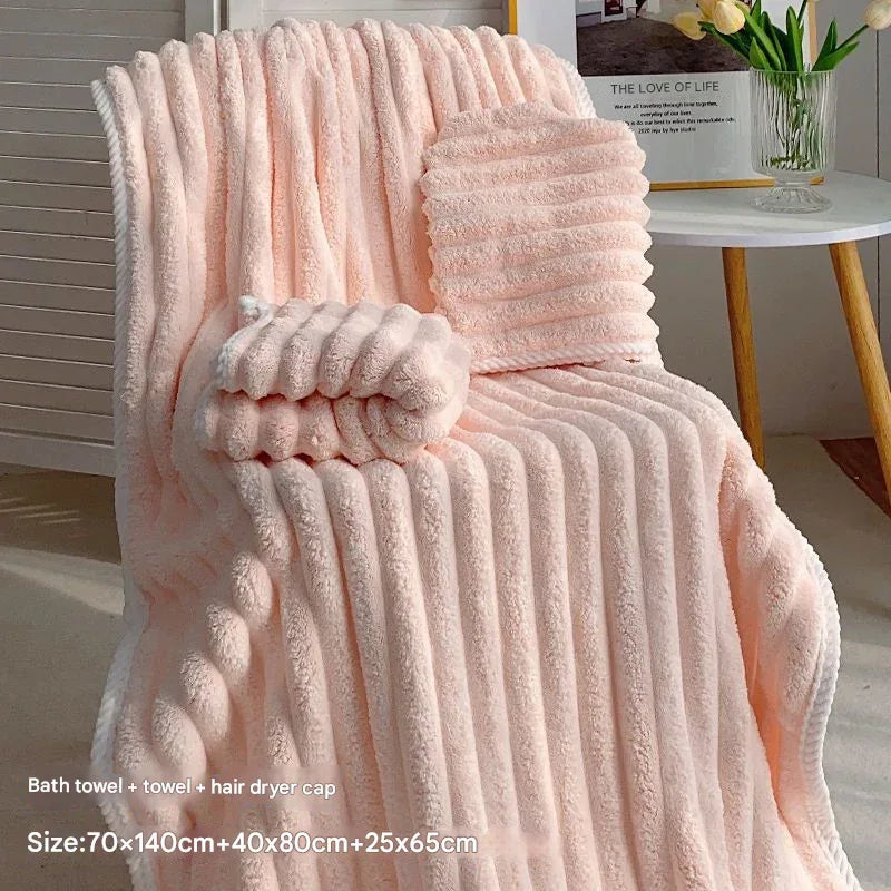 Pink Plush Ribbed Coral Fleece 3-Piece Towel Set - Ultra Soft & Absorbent Bath, Hand Towel and Hair Wrap - Mekamart Australia