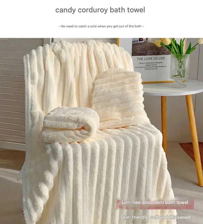 White Plush Ribbed Coral Fleece 3-Piece Towel Set - Ultra Soft & Absorbent Bath, Hand Towel and Hair Wrap - Mekamart Australia