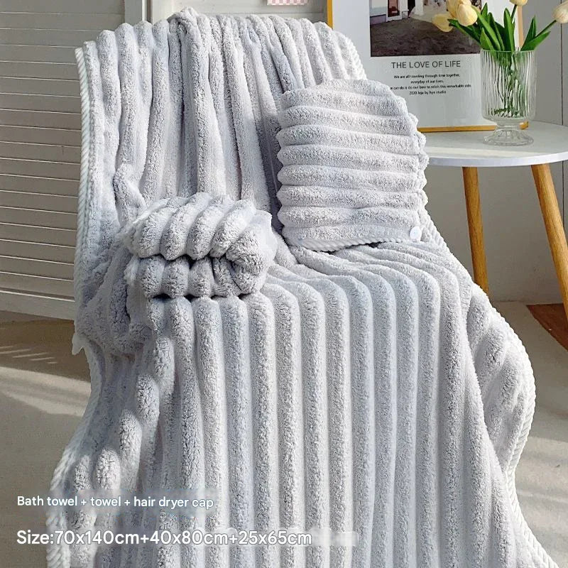 Grey Plush Ribbed Coral Fleece 3-Piece Towel Set - Ultra Soft & Absorbent Bath, Hand Towel and Hair Wrap - Mekamart Australia