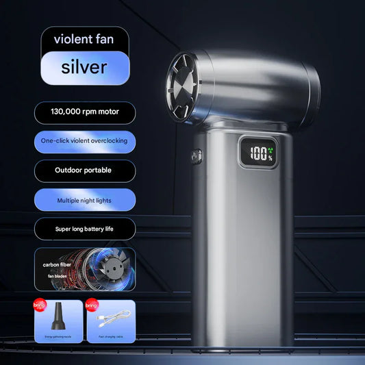 Silver Portable High-Speed Turbo Fan & Air Duster - 130,000 RPM Brushless Motor, Rechargeable Blower - Mekamart Australia