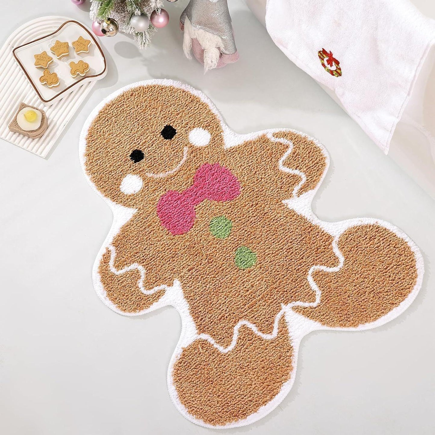 Brown Bowknot gingerbread man Festive Christmas Shaped Floor Mat - Plush Non-Slip Holiday Accent Rug - Mekamart Australia