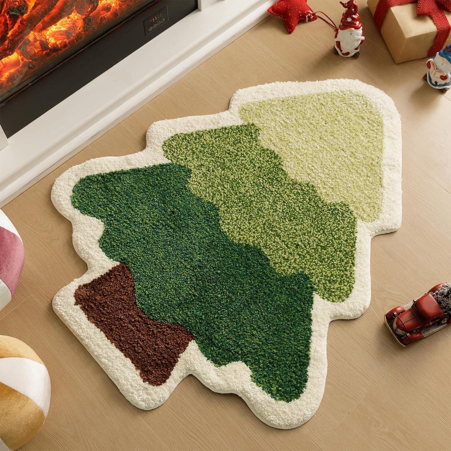 Green Christmas tree style Festive Christmas Shaped Floor Mat - Plush Non-Slip Holiday Accent Rug(Style 2) - Mekamart Australia