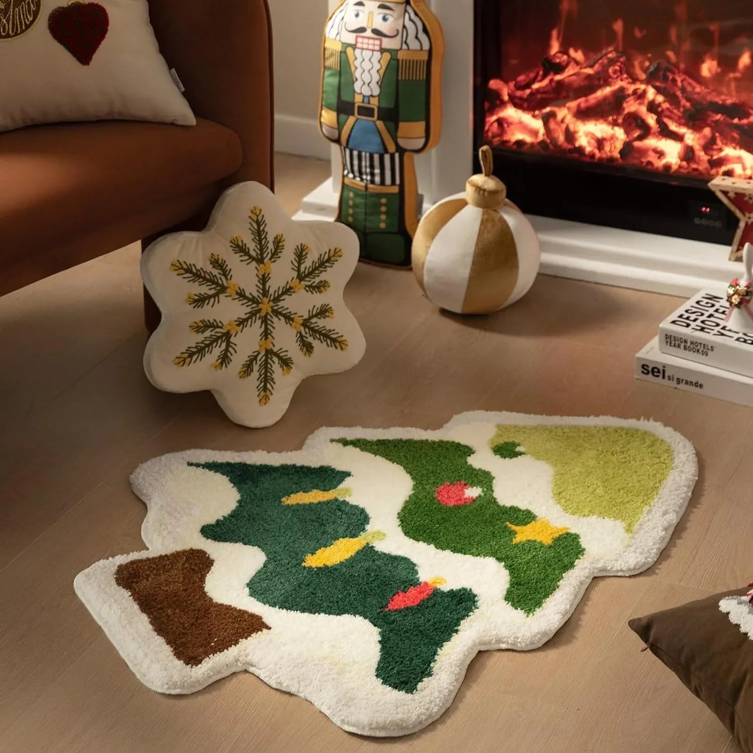 Green Christmas tree style Festive Christmas Shaped Floor Mat - Plush Non-Slip Holiday Accent Rug(Style 3) - Mekamart Australia