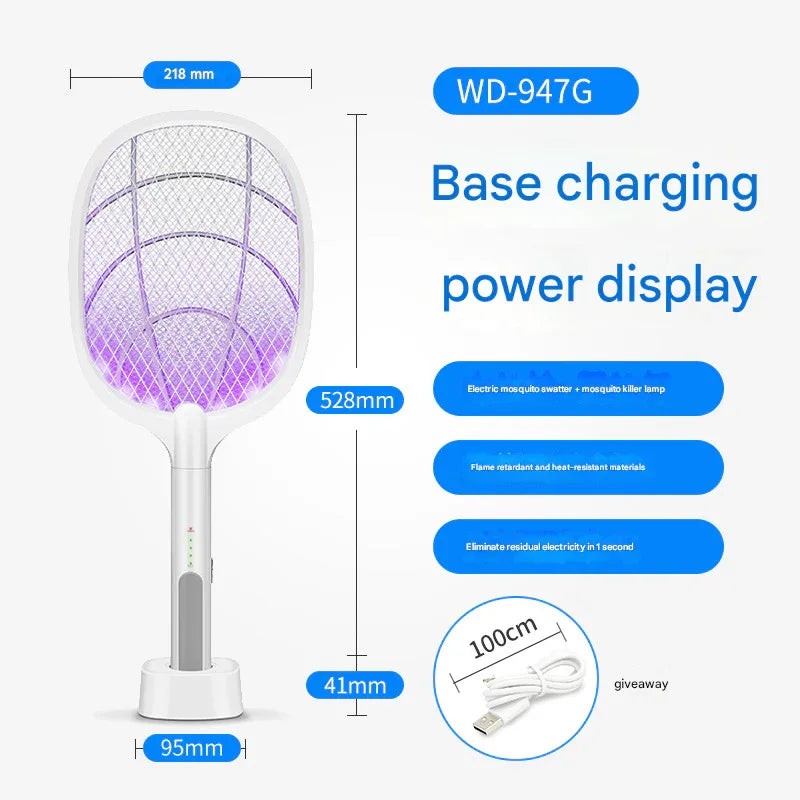 White Rechargeable 2-in-1 Bug Zapper Racket - Electric Fly Swatter & UV Mosquito Lamp with Charging Base - Mekamart Australia