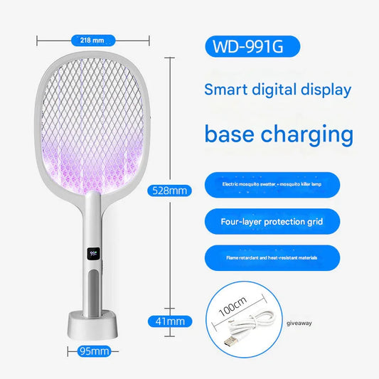 White Rechargeable 2-in-1 Bug Zapper Racket - Electric Fly Swatter & UV Mosquito Lamp with Charging Base - Mekamart Australia