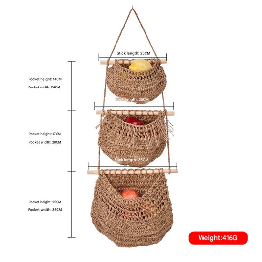 Three-layer hemp rope style Bohemian Hanging Fruit Basket – Wall-Mounted Woven Storage Net Pocket for Kitchen & Home Decor - Mekamart Australia