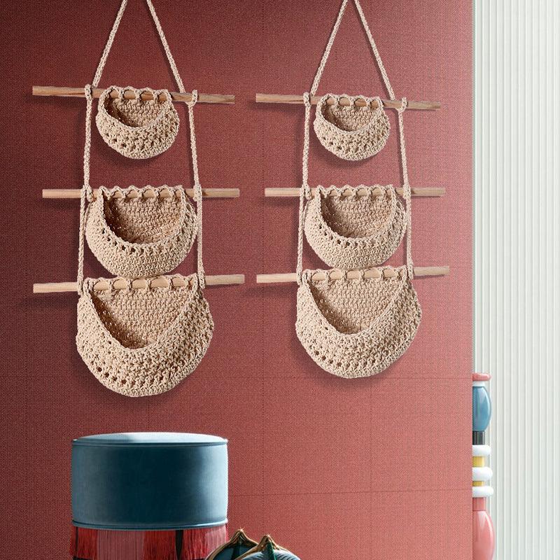 Three-layer hemp rope style Bohemian Hanging Fruit Basket – Wall-Mounted Woven Storage Net Pocket for Kitchen & Home Decor - Mekamart Australia