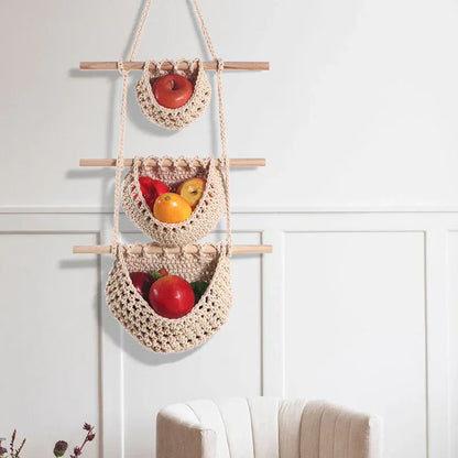 Single-layer hemp rope style Bohemian Hanging Fruit Basket – Wall-Mounted Woven Storage Net Pocket for Kitchen & Home Decor - Mekamart Australia