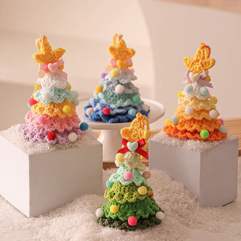 2 Pcs Handmade Crochet Christmas Tree Ornament - Plush Knitted Decoration with Bell - Ideal for Home, Car & Holiday Decor(Style D) - Mekamart Australia