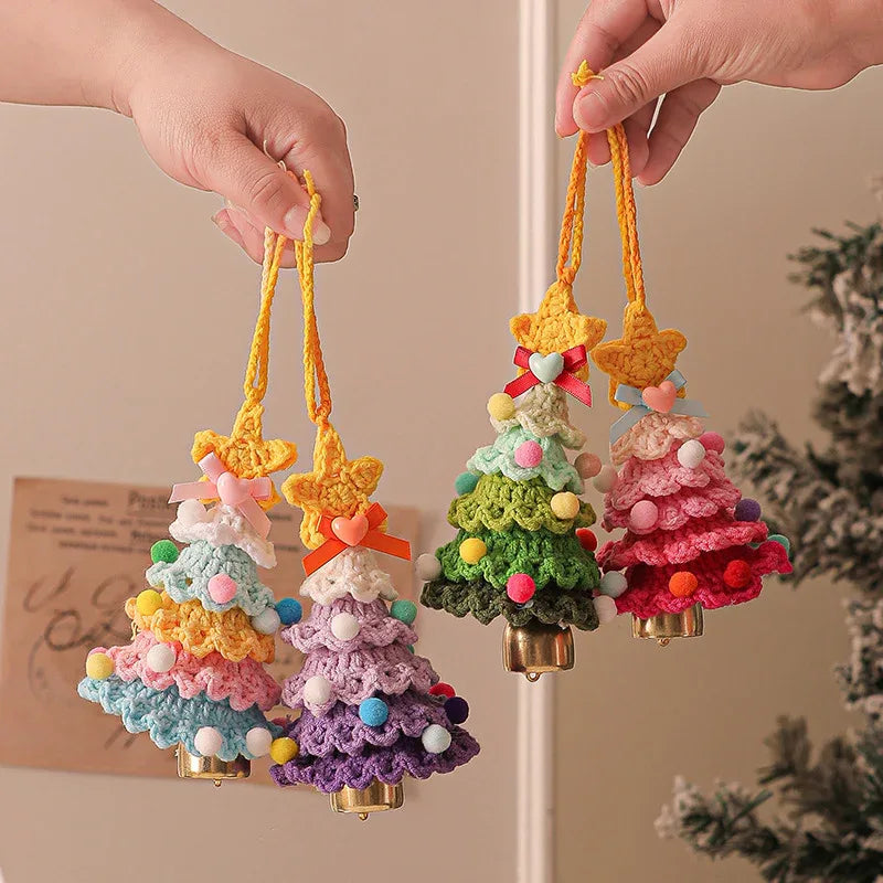 2 Pcs Handmade Crochet Christmas Tree Ornament - Plush Knitted Decoration with Bell - Ideal for Home, Car & Holiday Decor(Style D) - Mekamart Australia