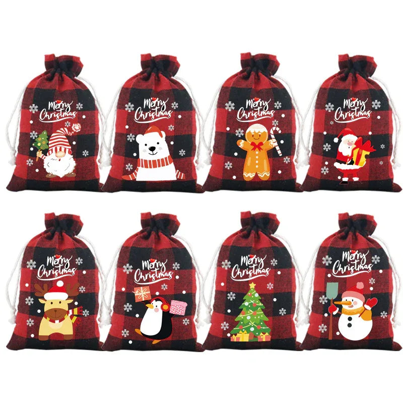 Red checkered Christmas Gift Drawstring Bags Set - Festive Burlap Style Pouches for Candy & Apples - Holiday Decoration - 10 Pcs - Mekamart Australia