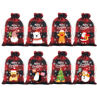 Red checkered Christmas Gift Drawstring Bags Set - Festive Burlap Style Pouches for Candy & Apples - Holiday Decoration - 10 Pcs - Mekamart Australia