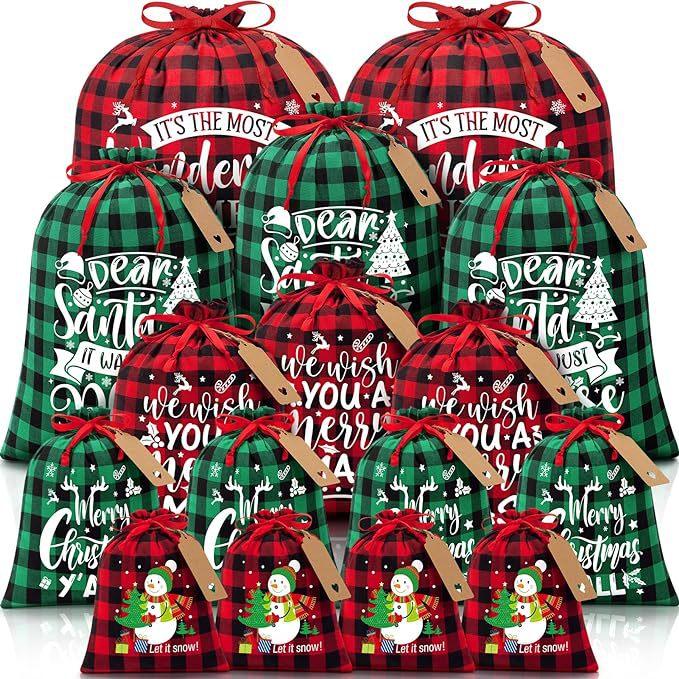 Red checkered Christmas Gift Drawstring Bags Set - Festive Burlap Style Pouches for Candy & Apples - Holiday Decoration - 10 Pcs - Mekamart Australia