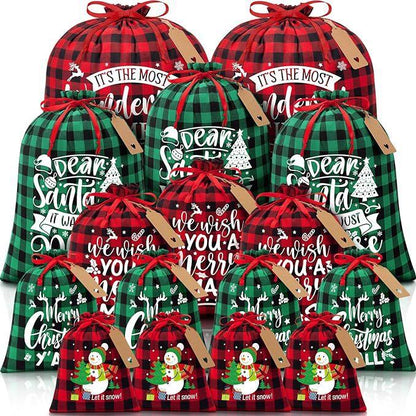 Red checkered Christmas Gift Drawstring Bags Set - Festive Burlap Style Pouches for Candy & Apples - Holiday Decoration - 10 Pcs - Mekamart Australia